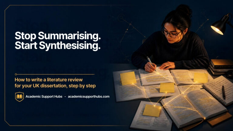 Student with journal articles and notes – how to write a literature review for a UK dissertation